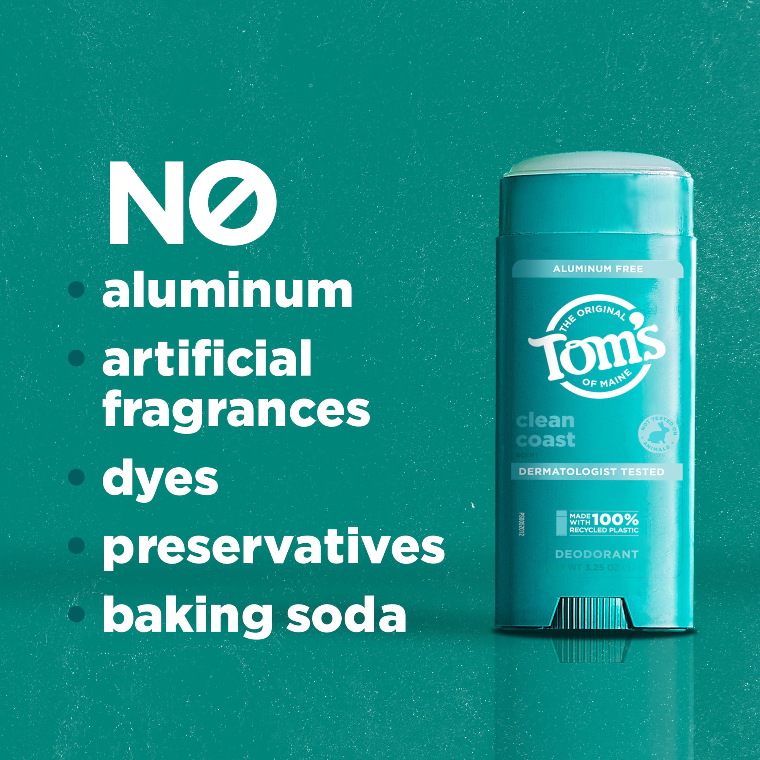 Tom's of Maine Clean Coast aluminum-free formula for gentle skin comfort.