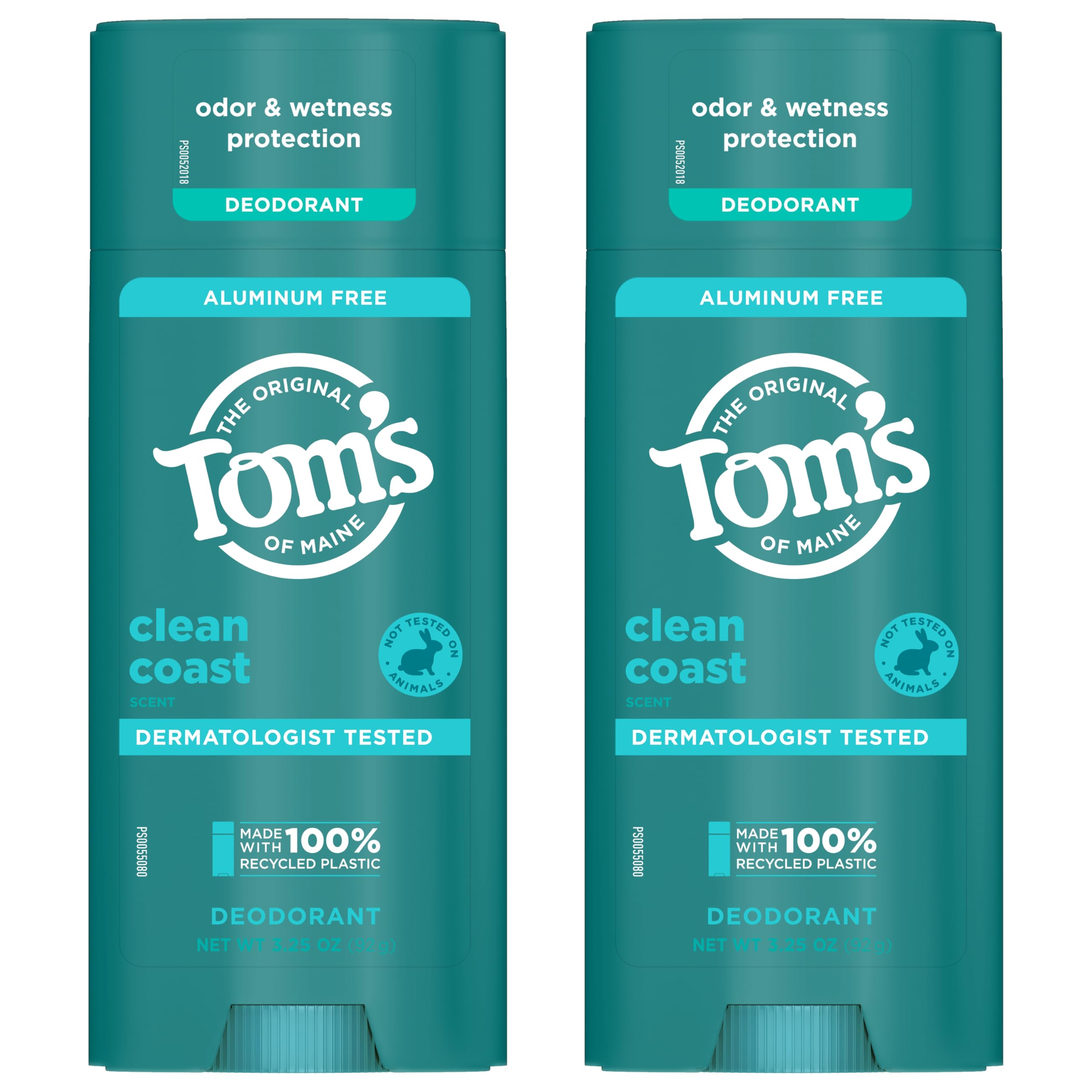 Tom's of Maine Clean Coast packaging uses 100% recycled plastic for sustainability.