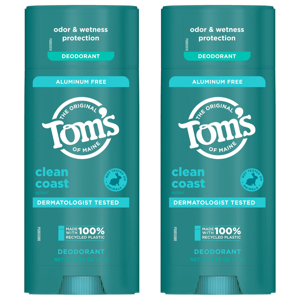 Tom's of Maine Clean Coast packaging uses 100% recycled plastic for sustainability.