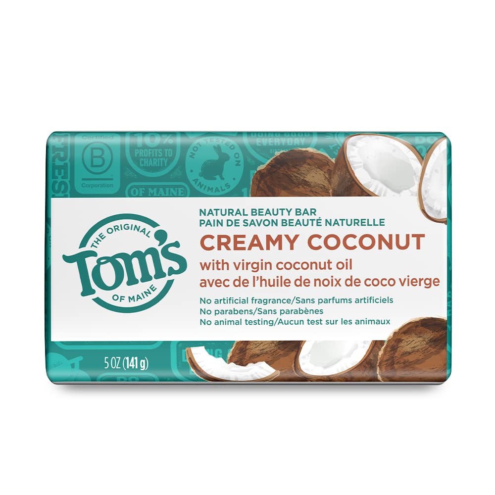 Tom's of Maine creamy coconut bar unwrap shows moisturizing cleansing bar