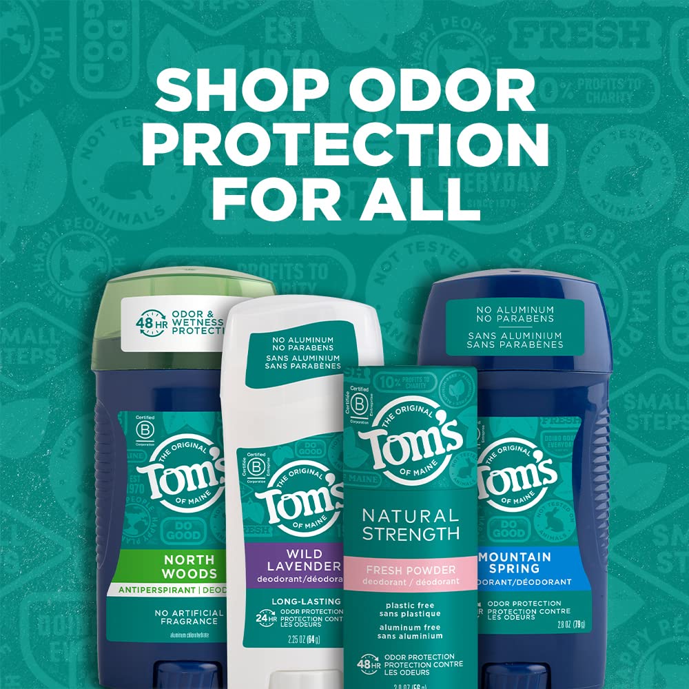 Tom's of Maine deodorant application scene highlights easy daily use in a fresh bathroom.