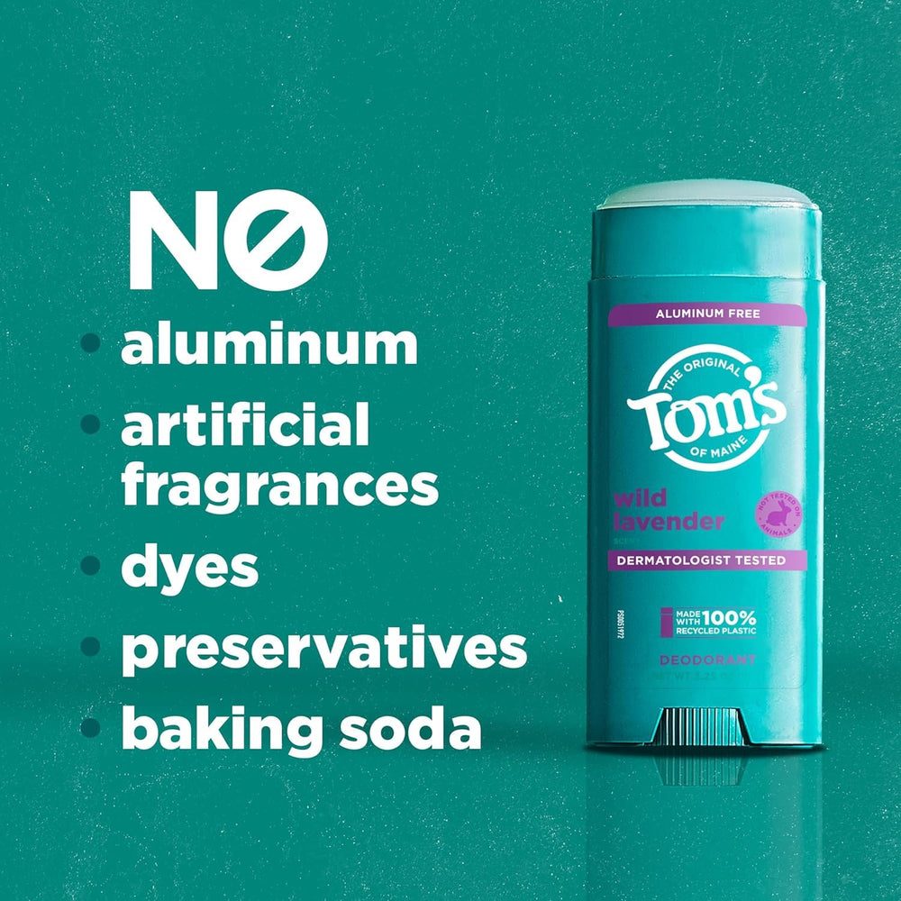 Tom's of Maine lavender deodorant stick on bathroom counter with lavender aroma