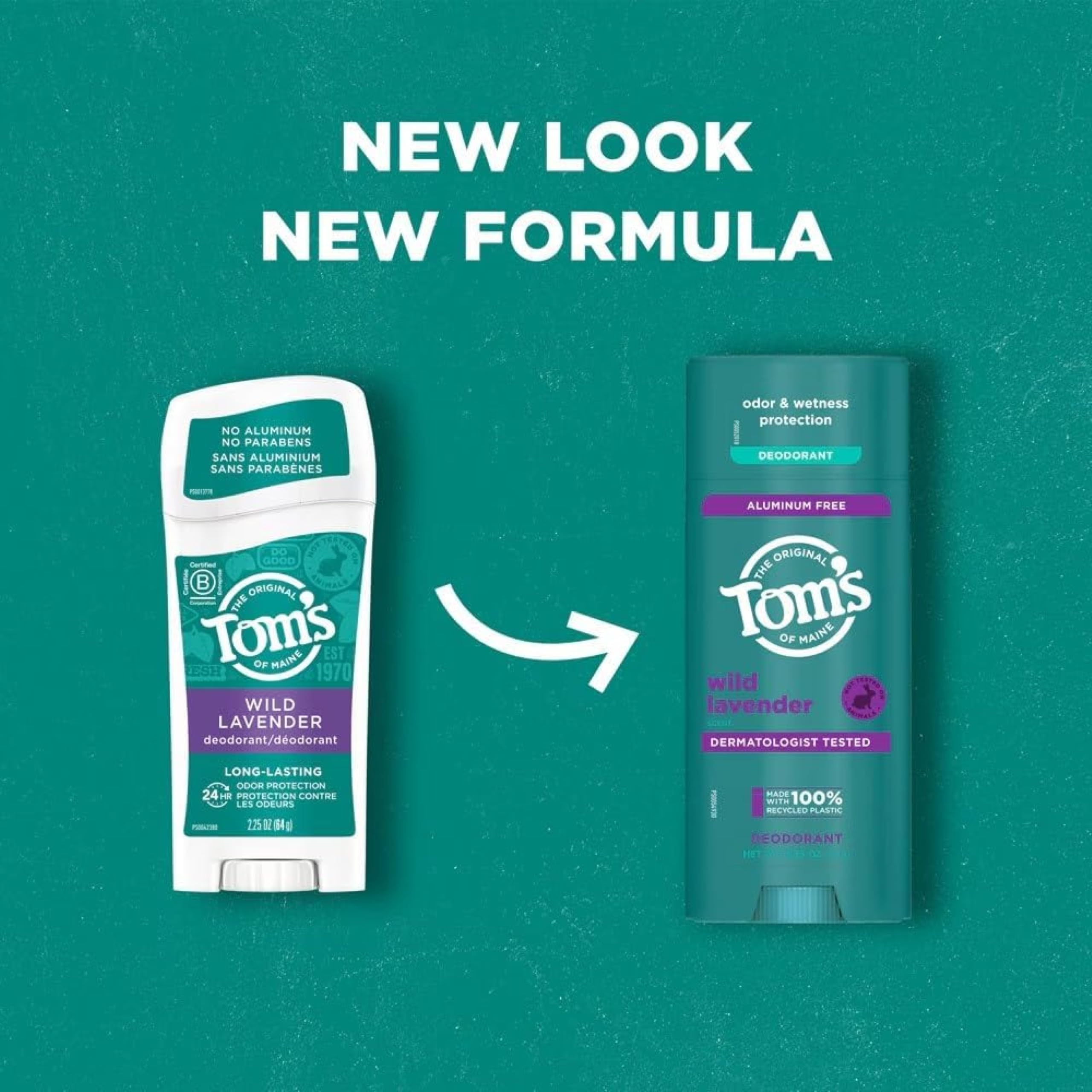 Tom's of Maine lavender deodorant stick with lavender blossoms visual