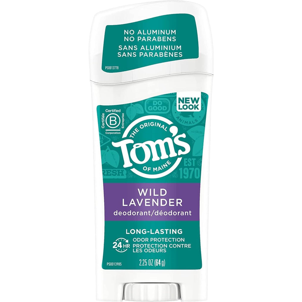 Tom's of Maine lavender deodorant stick packaging showing the 5-pack for long-lasting fragrance