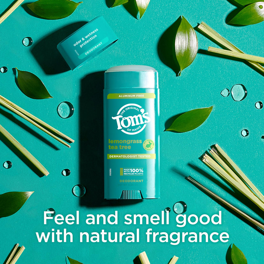 Recycled plastic packaging for Tom's of Maine Lemongrass Tea Tree deodorant.