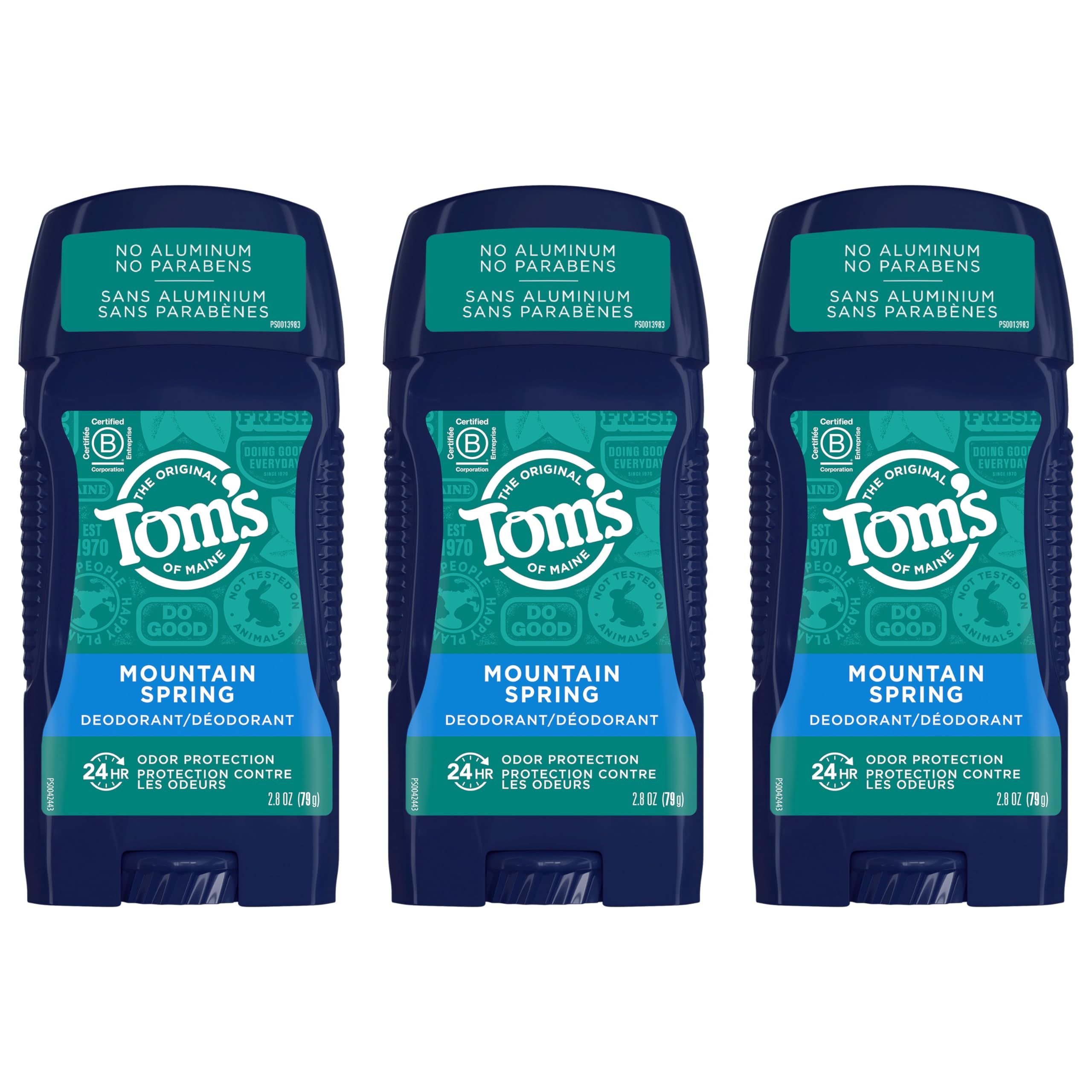 Tom's of Maine Mountain Spring deodorant for men 3-pack front view shows 24-hour odor protection