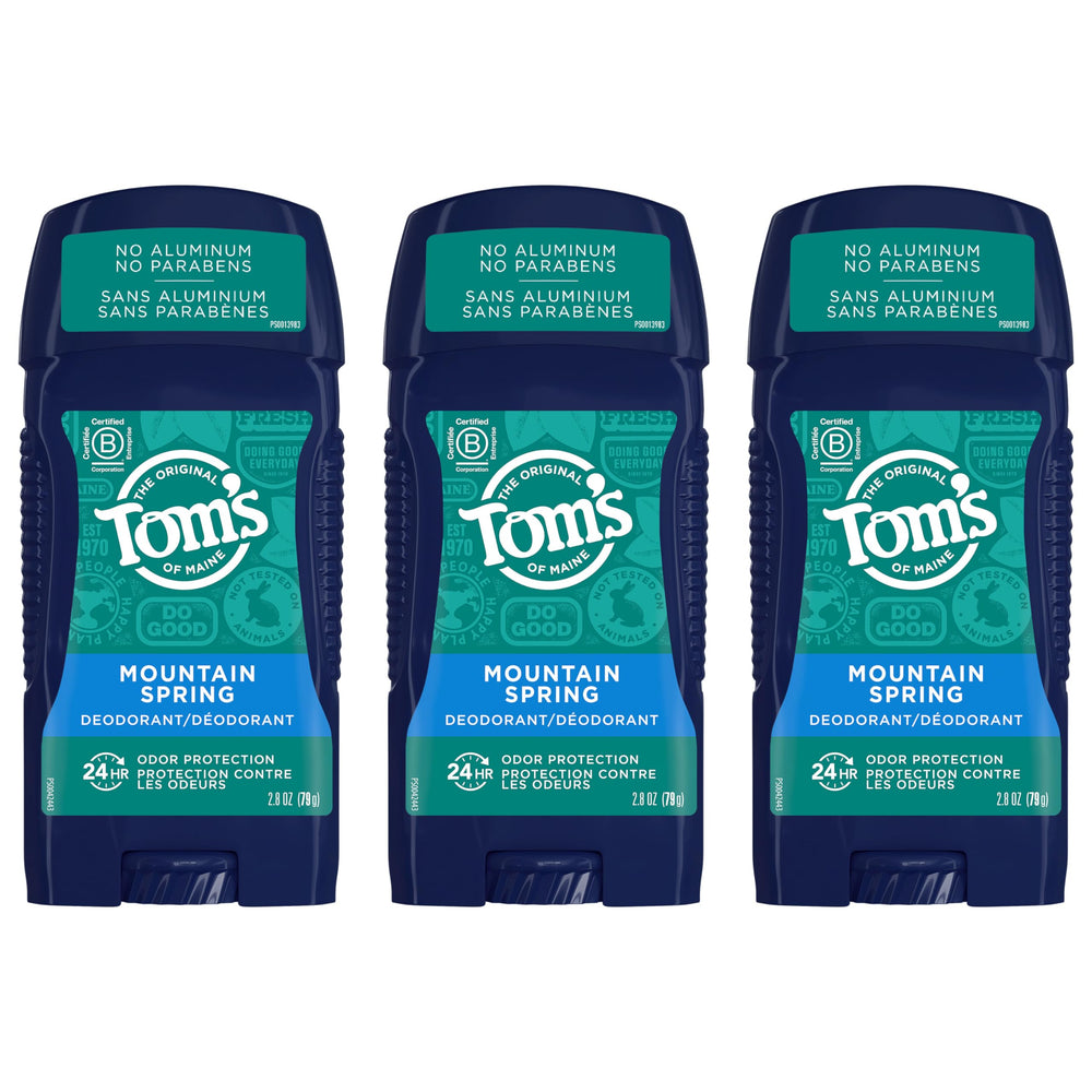 Tom's of Maine Mountain Spring deodorant for men 3-pack front view shows 24-hour odor protection