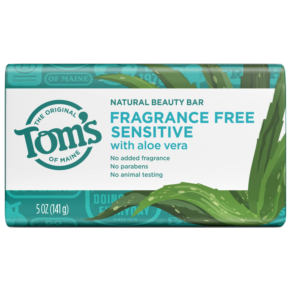 Tom's of Maine Natural Beauty Bar fragrance-free aloe vera 5oz offers a gentle cleansing for sensitive skin.