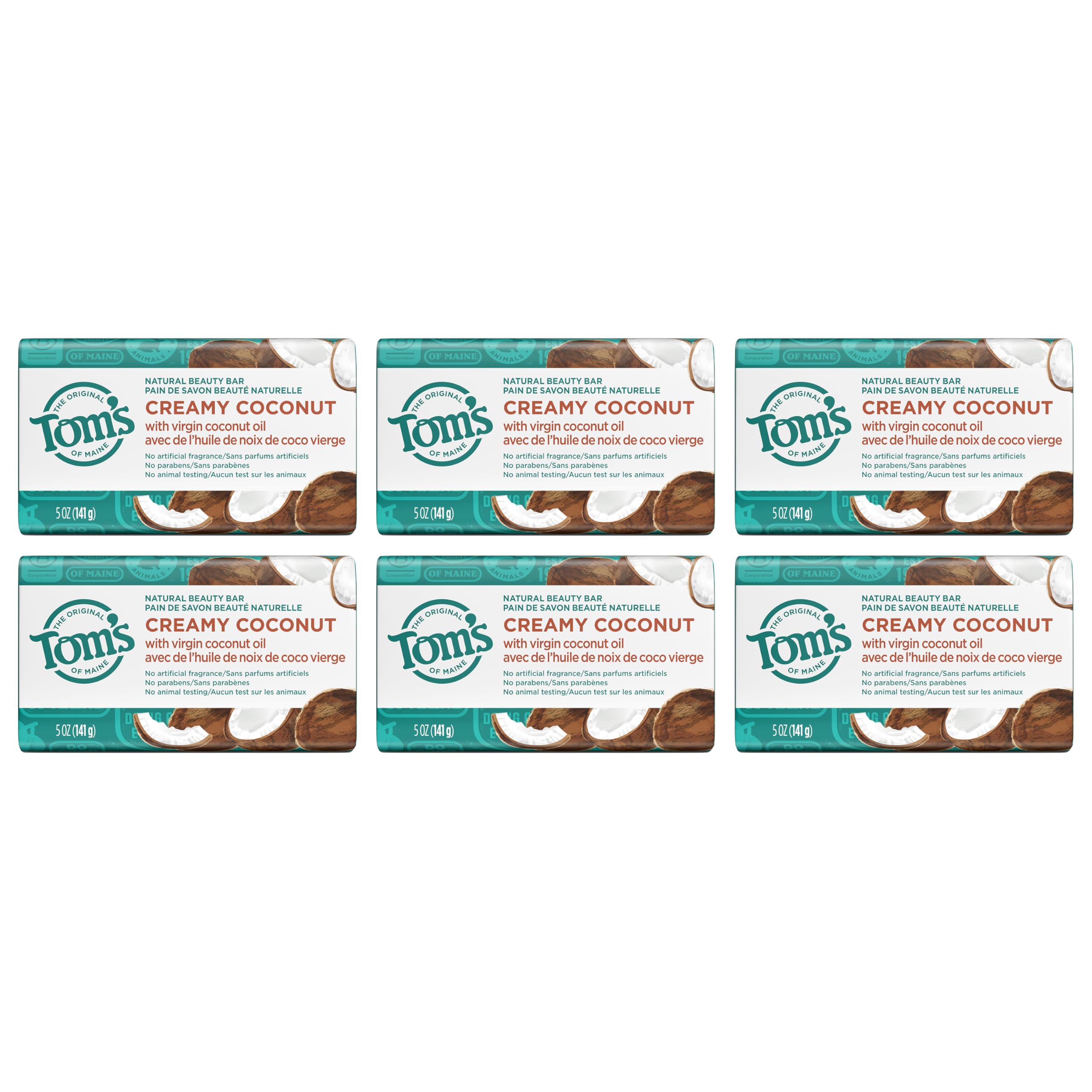 Tom's of Maine Creamy Coconut bar shown with sensitive skin-friendly features.