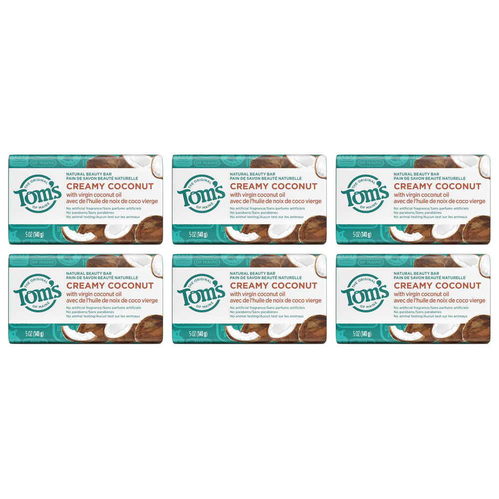 Tom's of Maine Creamy Coconut bar shown with sensitive skin-friendly features.