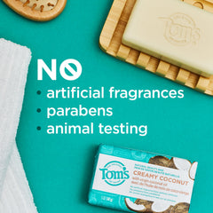 Tom's of Maine natural beauty bar on shower shelf suggests daily cleansing ritual.