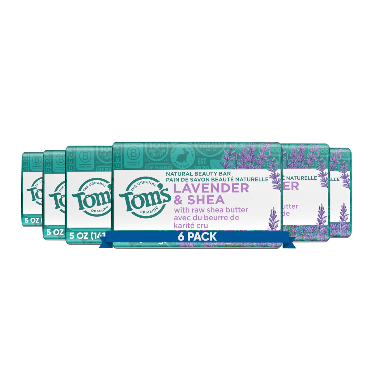 Tom's of Maine lavender & shea packaging with six bars for everyday care