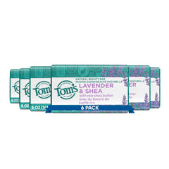 Tom's of Maine lavender & shea packaging with six bars for everyday care