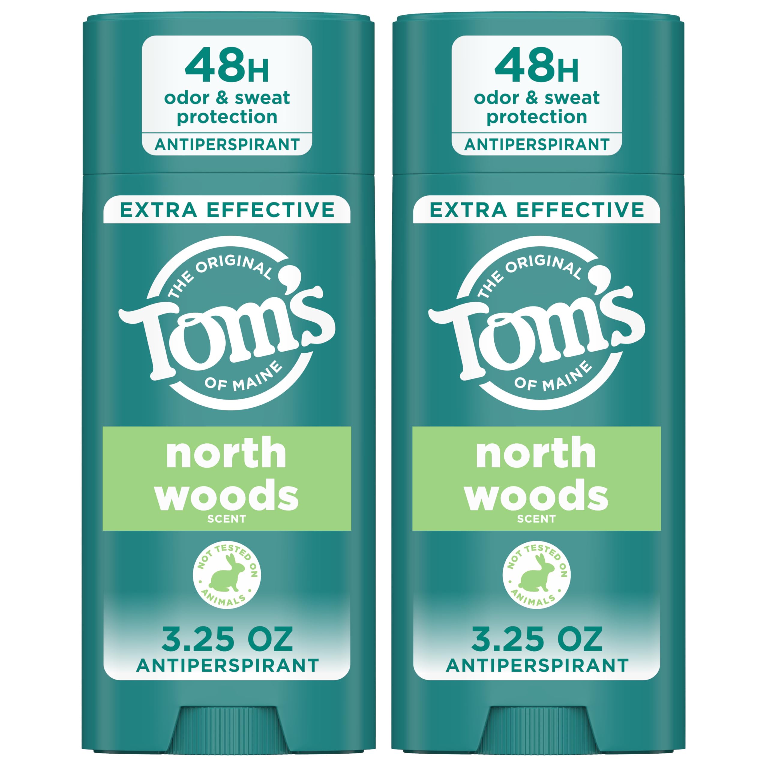 Tom's of Maine North Woods antiperspirant packaging showing dual 3.25 oz sticks for long-lasting protection