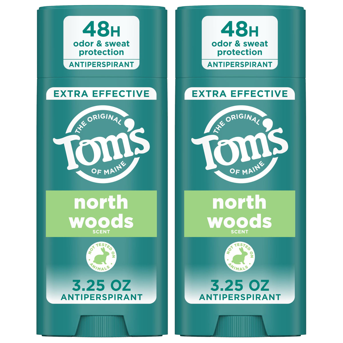 Tom's of Maine North Woods antiperspirant packaging showing dual 3.25 oz sticks for long-lasting protection