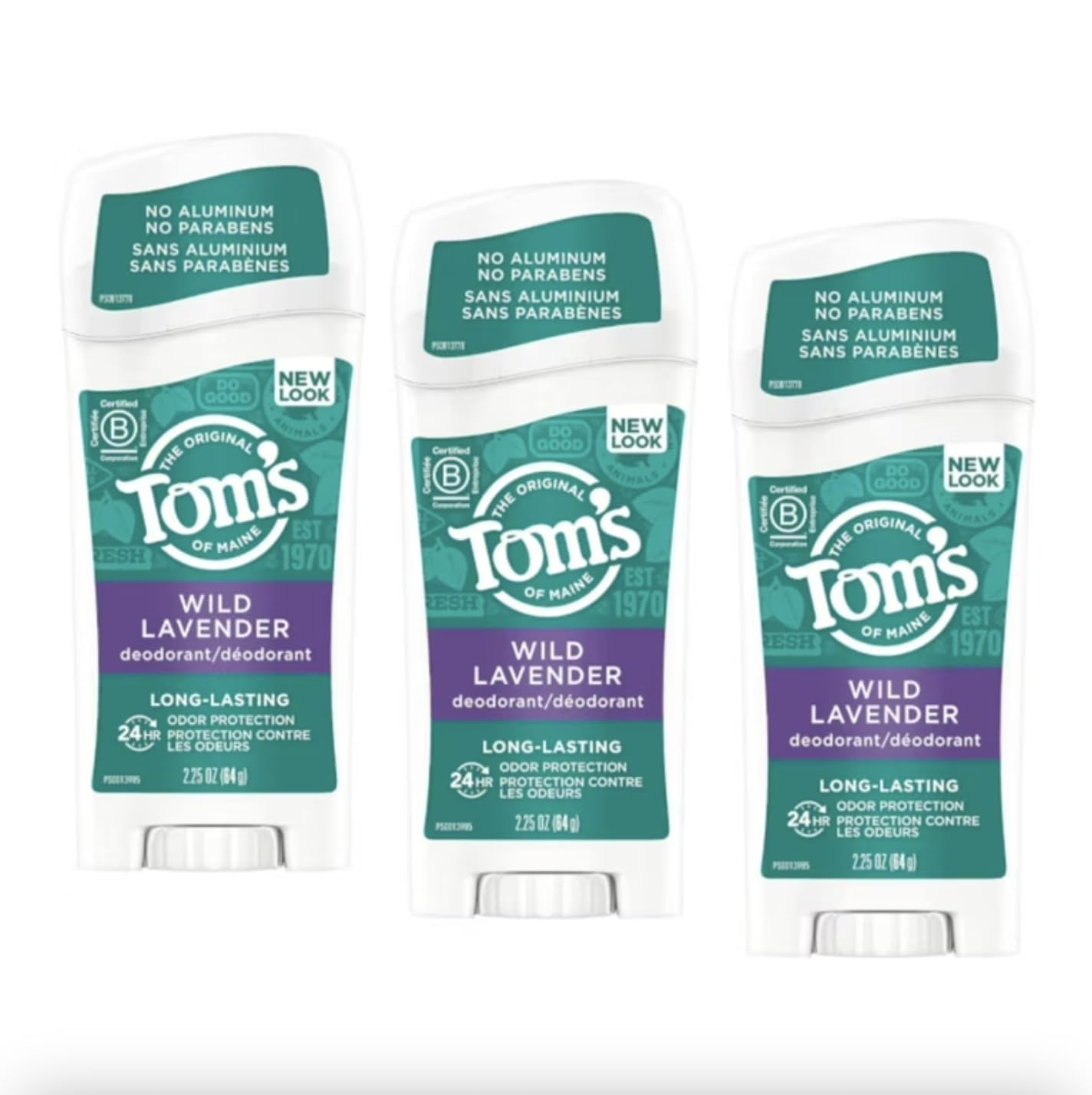 Tom's of Maine Wild Lavender deodorant pack showing three sticks for long-lasting freshness.