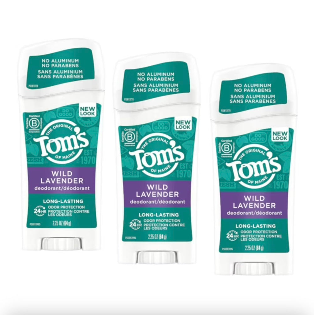 Tom's of Maine Wild Lavender deodorant pack showing three sticks for long-lasting freshness.