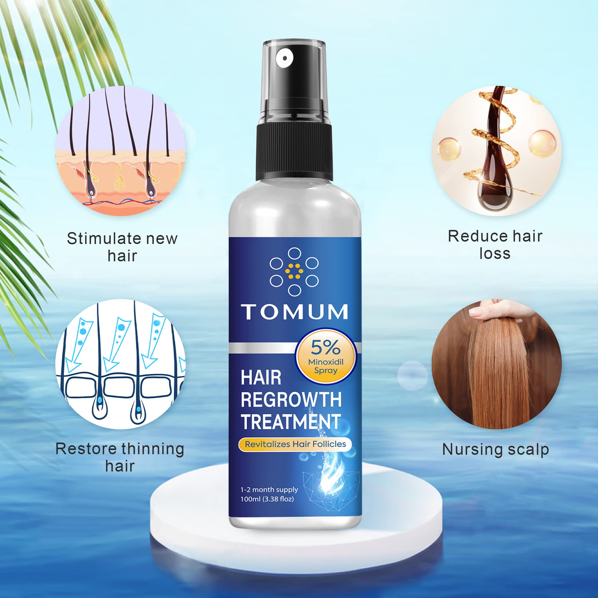 TOMUM Minoxidil spray 5percent formula focuses on thinning areas for fuller hair