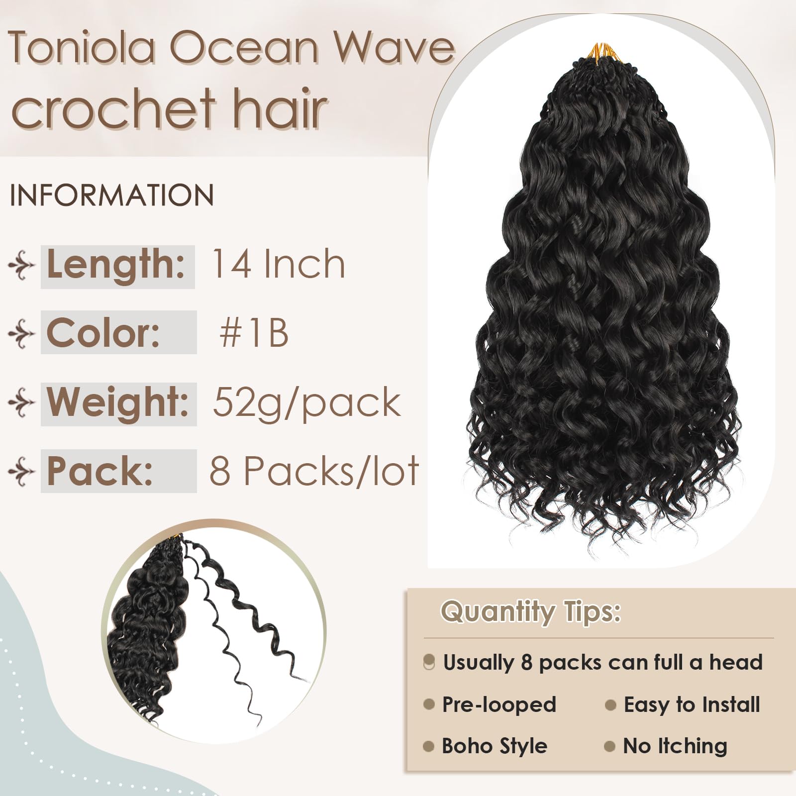 Toniola Ocean Wave Crochet Hair color 1B versatile everyday wear.
