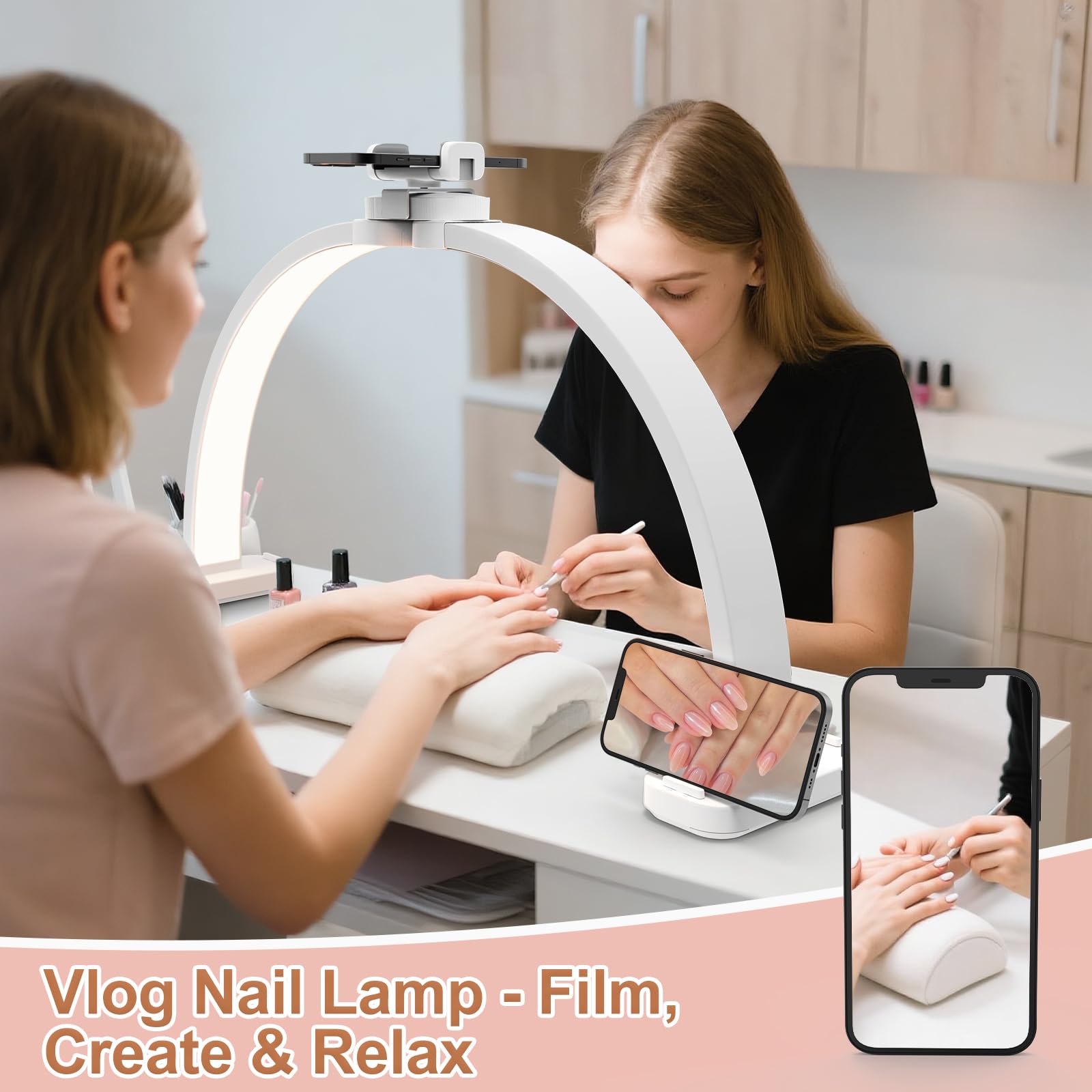 TONYFUL Half Moon Light with a 31-inch arch illuminating a wide work surface for tattoos and nails.