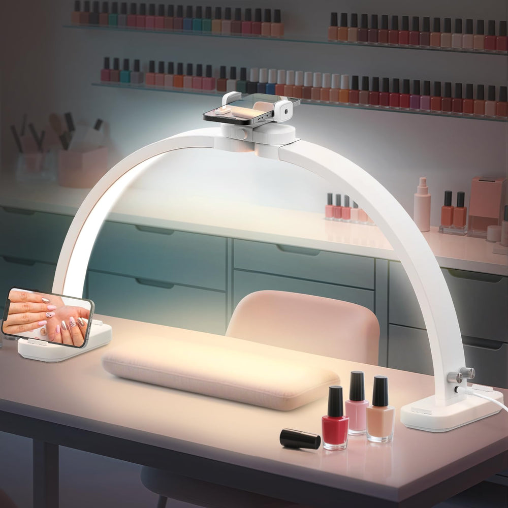 TONYFUL Large Half Moon Light on a nail desk delivering shadow-free coverage for precise nail art.