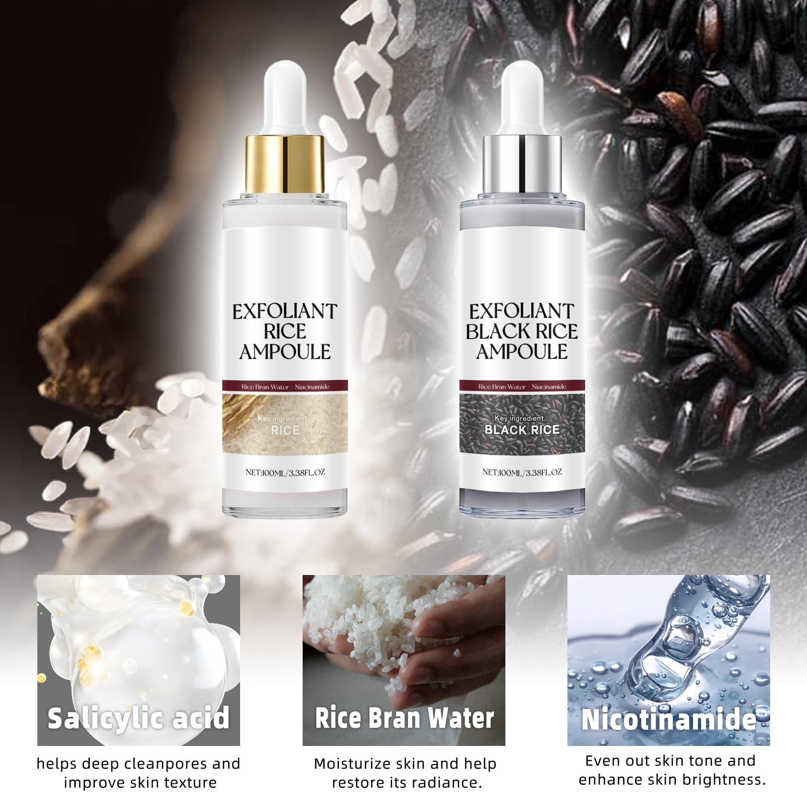TooAemiS Black Rice Exfoliant Ampoule closeup emphasizes gentle exfoliation