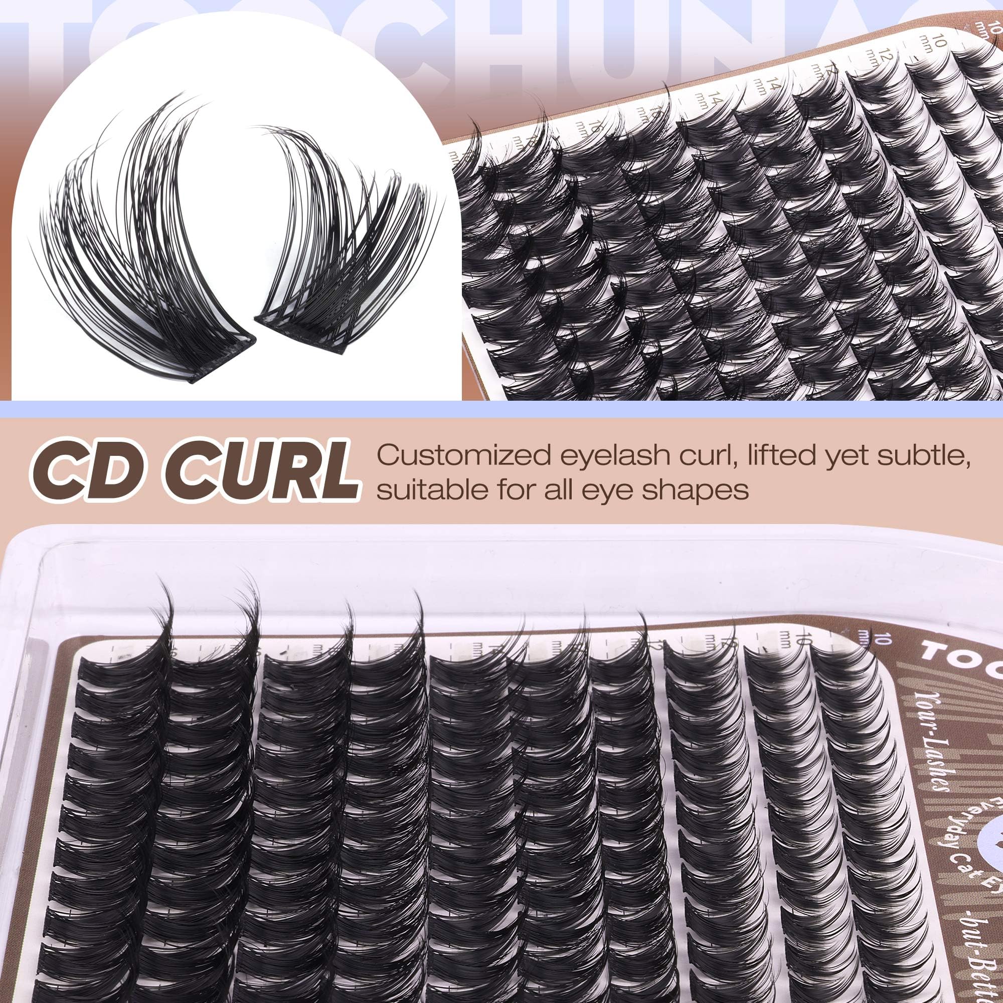 TOOCHUNAG soft-band lash clusters with 0.05mm band for comfort.