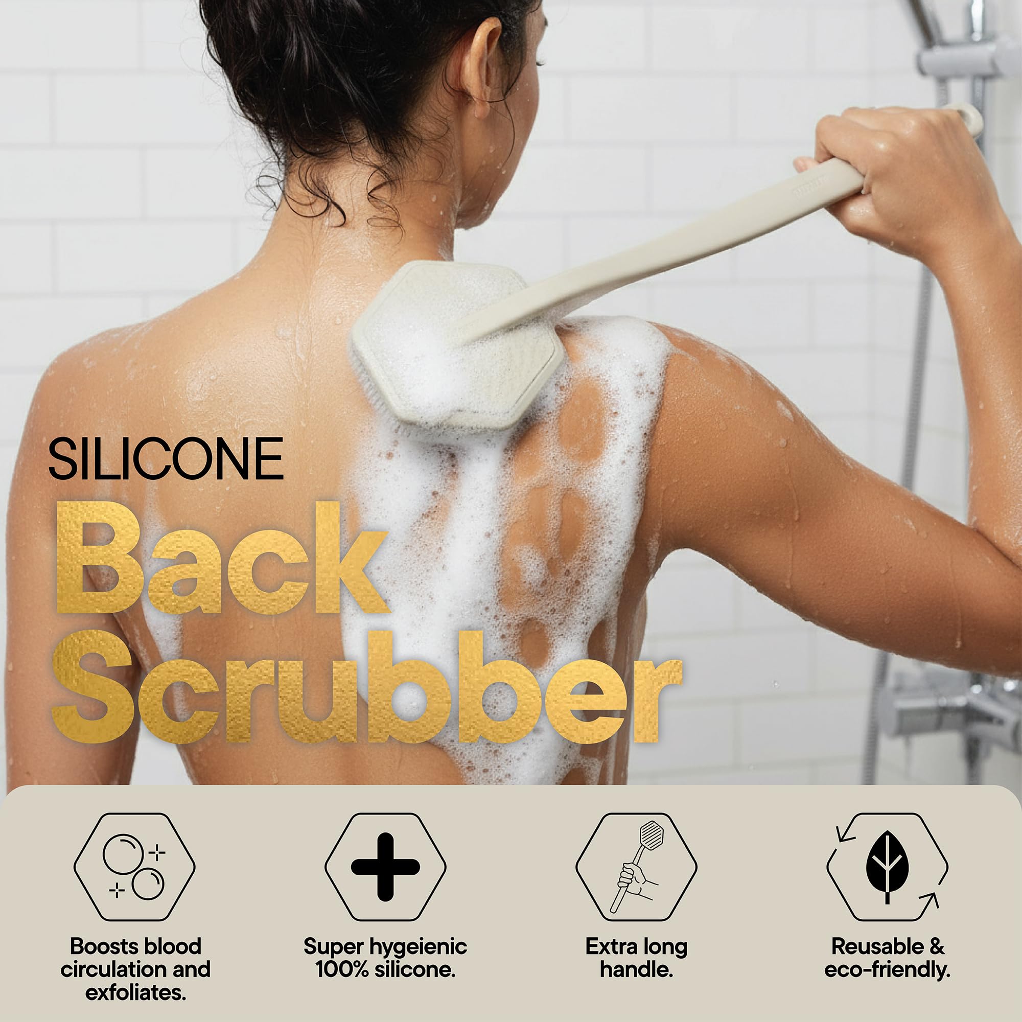 TOOLETRIES back-scrubber in use demonstrates efficient, relaxing shower routine.
