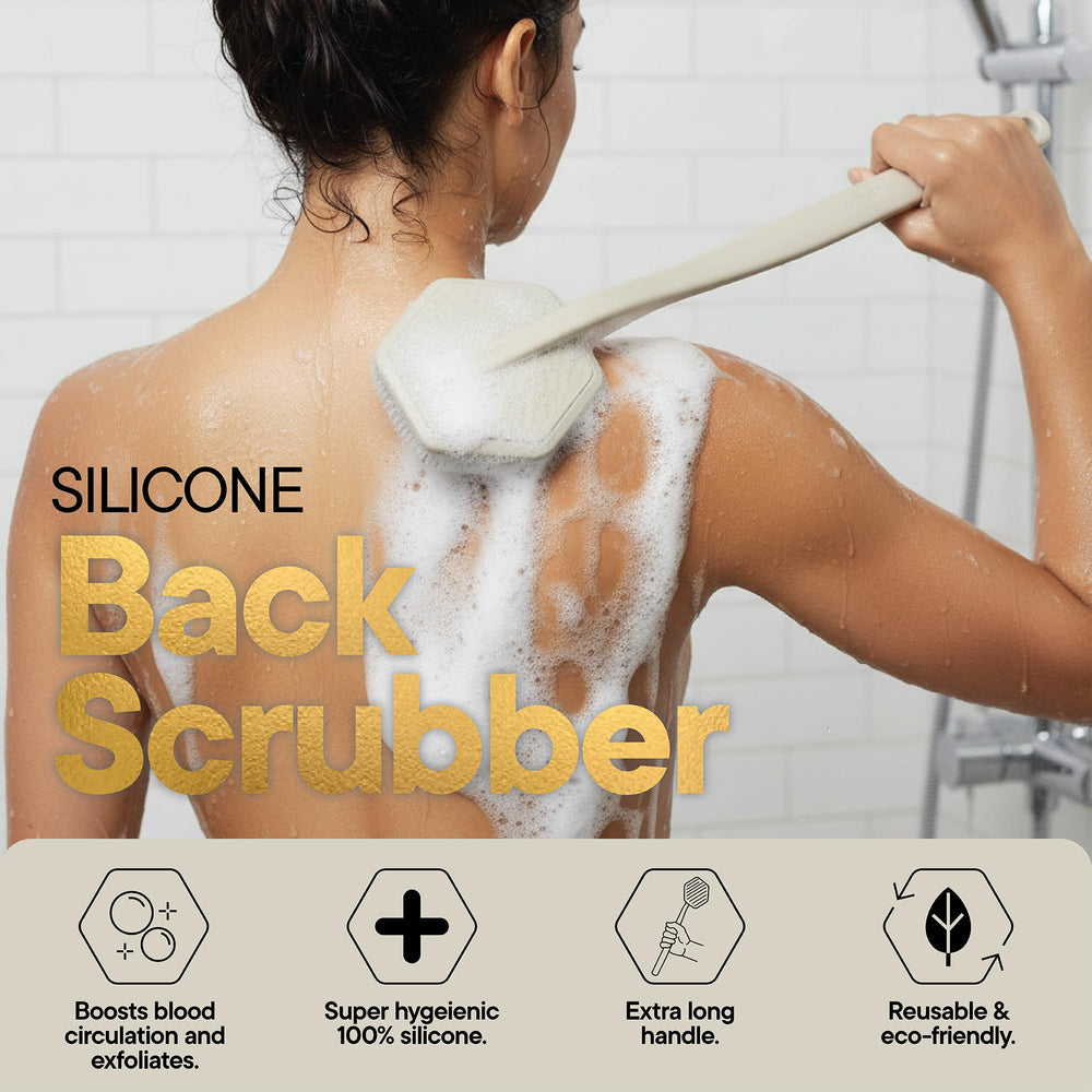 TOOLETRIES back-scrubber in use demonstrates efficient, relaxing shower routine.