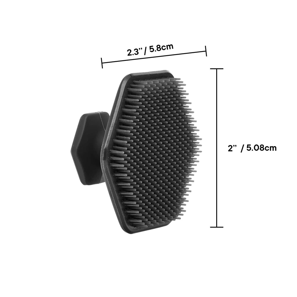 TOOLETRIES compact-size scrubber in shower scene suggests easy travel-friendly cleansing.