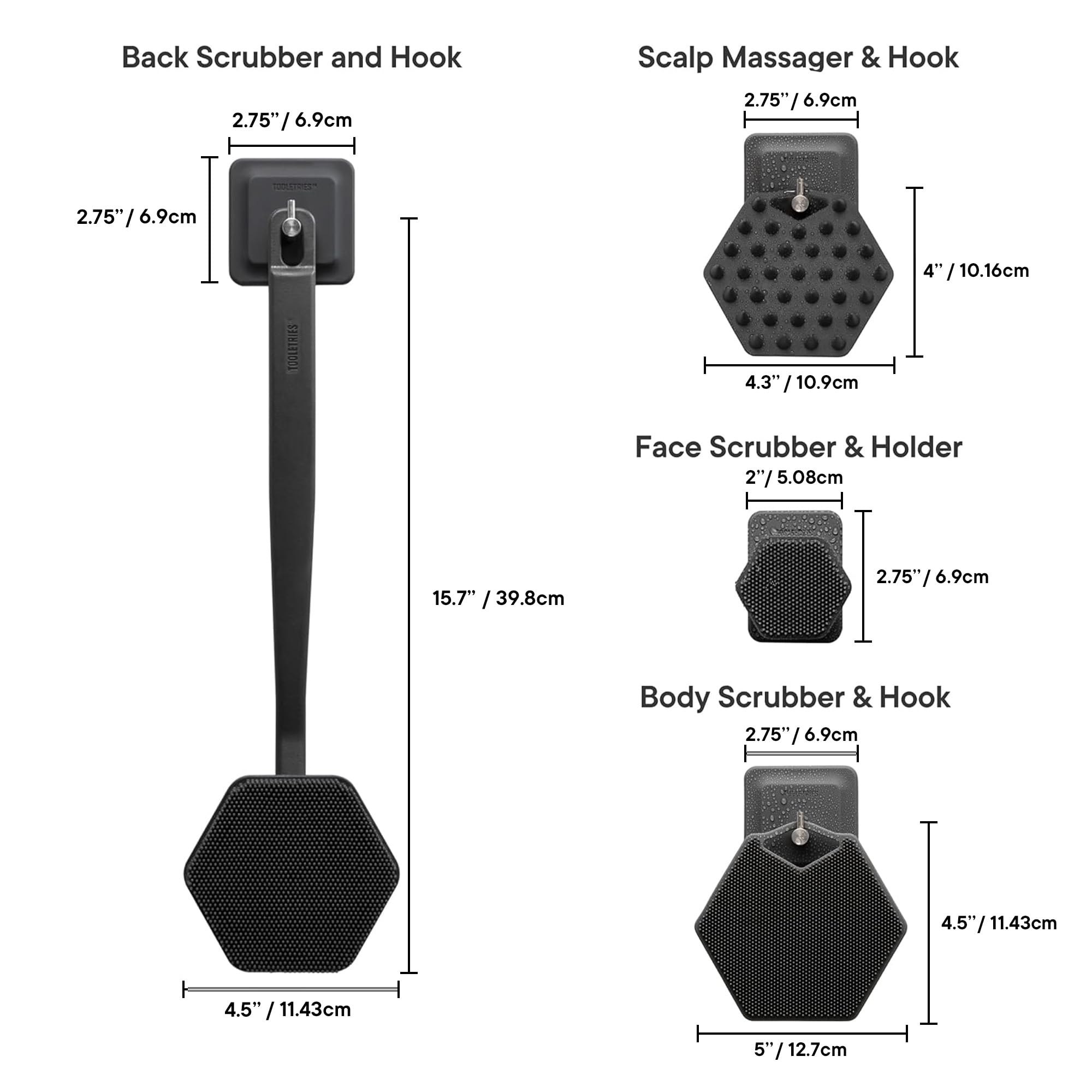 TOOLETRIES Scrub King charcoal-tone silicone tools shown together for premium cleaning