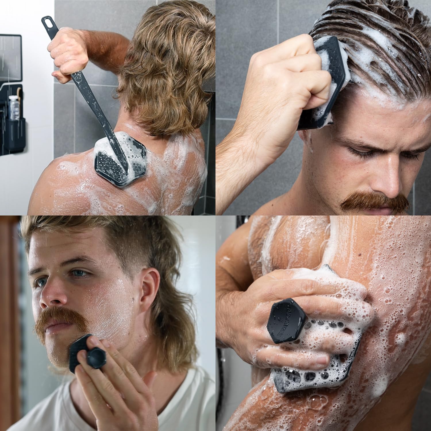 TOOLETRIES Scrub King in-shower setup highlighting organized space and quick access