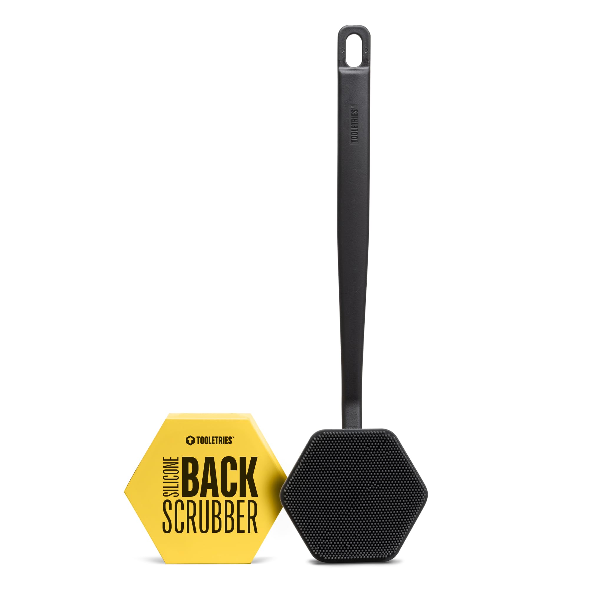 TOOLETRIES silicone back scrubber with ergonomic handle for easy reach.