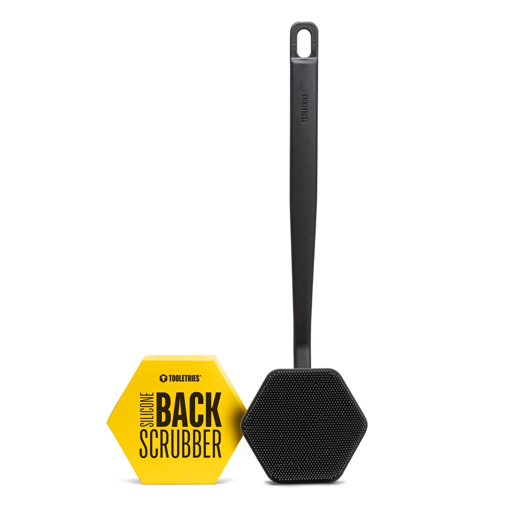 TOOLETRIES silicone back scrubber with ergonomic handle for easy reach.