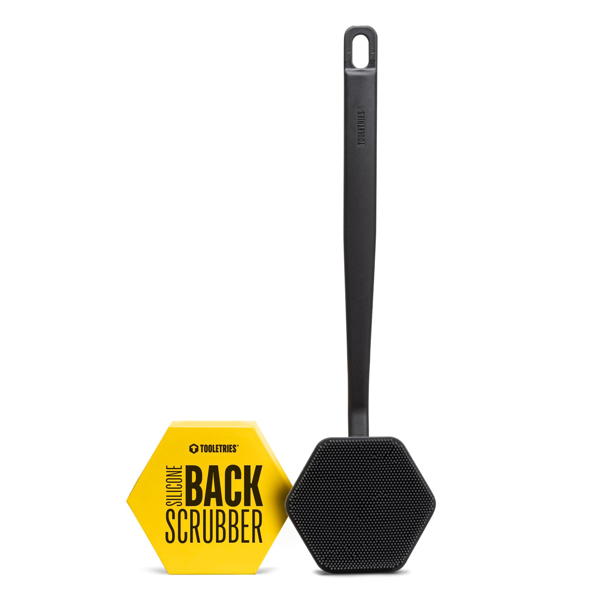 TOOLETRIES silicone back scrubber with ergonomic handle for easy reach.