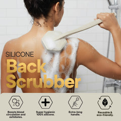 TOOLETRIES silicone back-scrubber head resists moisture for hygienic use between showers