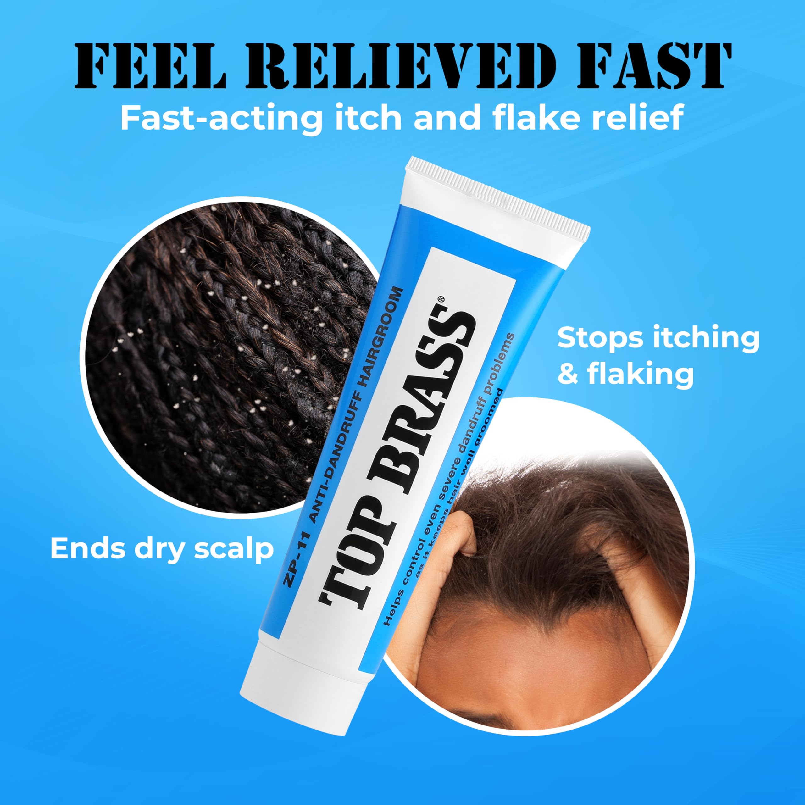 Top Brass hair care routine image showing dandruff relief during daily grooming