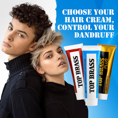 Top Brass anti-dandruff cream texture applied to scalp demonstrates fast relief