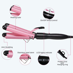 TOP4EVER 3-barrel curling iron pink handle showcases ergonomic grip