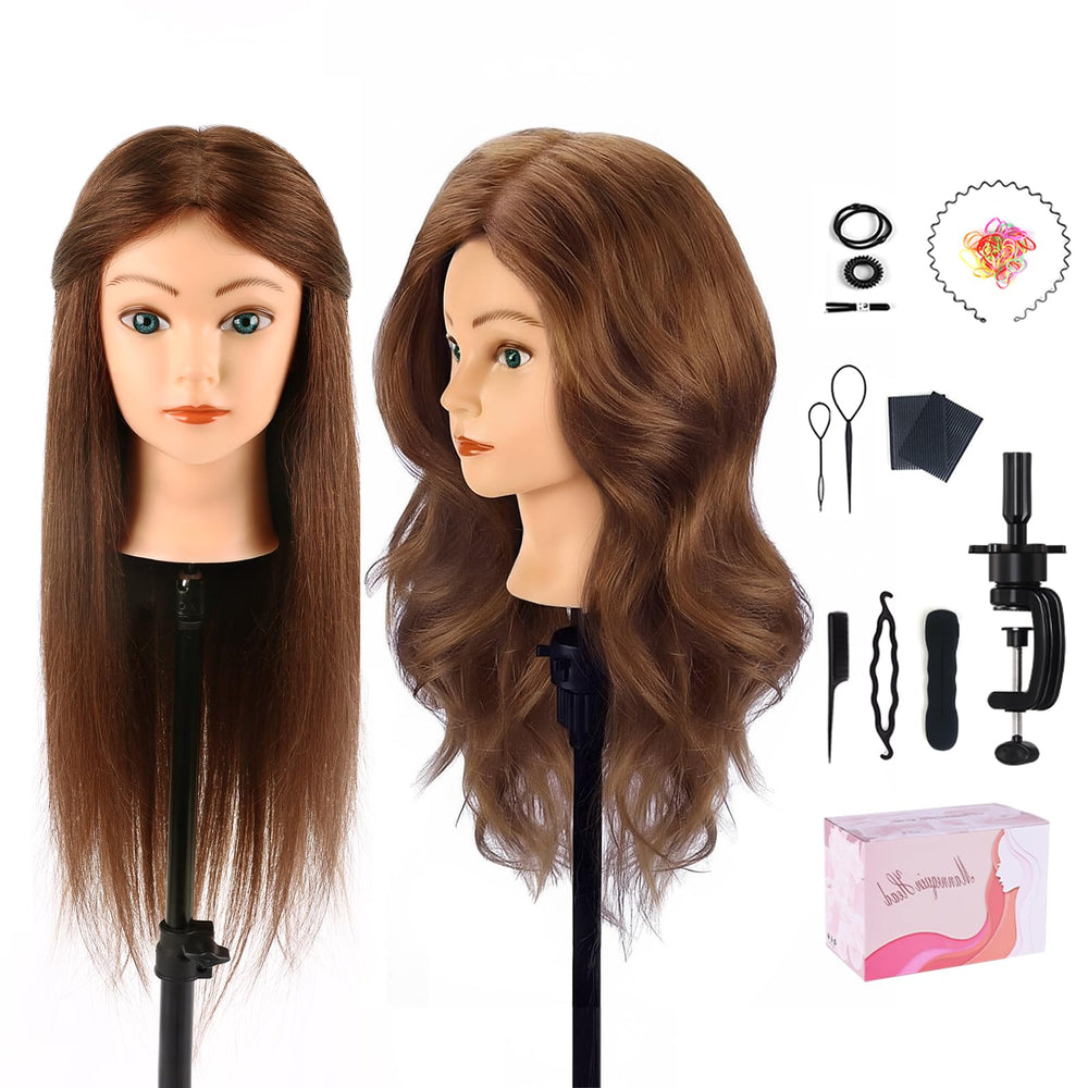 TopDirect mannequin head with 18in dark brown human hair closeup for realistic practice.
