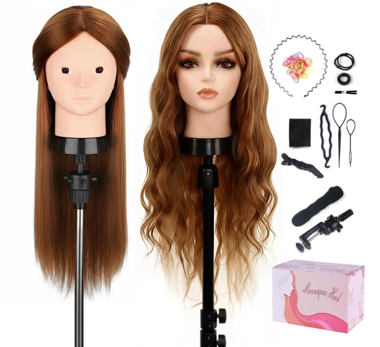 TopDirect 24-inch brown real hair mannequin head closeup for realistic practice.