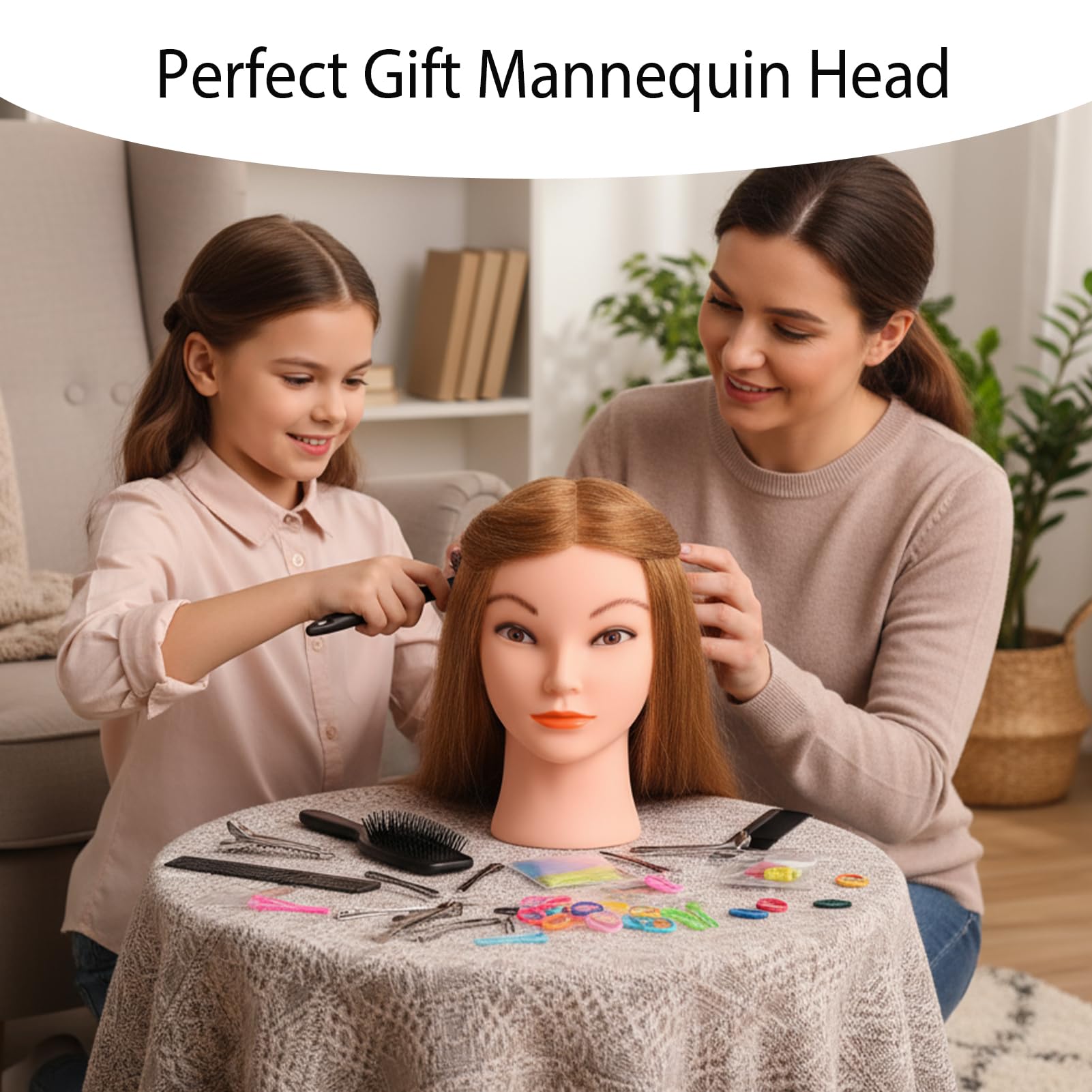 TopDirect mannequin head real hair close-up highlighting 14-inch strands for realistic coloring and restyling.