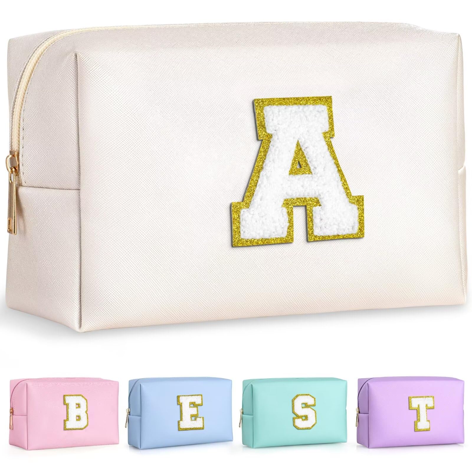TOPEAST Initial Makeup Bag showing plush gold glitter patch for personalized style