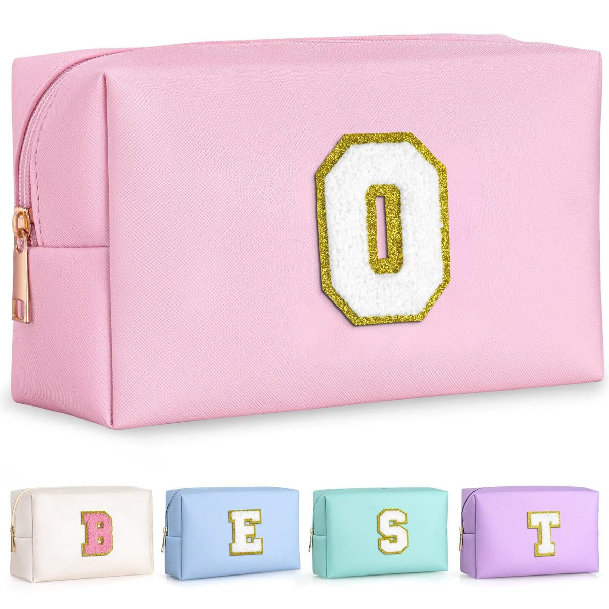 TOPEAST makeup bag with initial patch on pink fabric for personalized style.