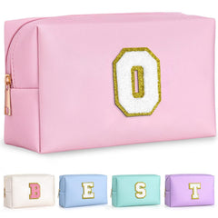 TOPEAST makeup bag with initial patch on pink fabric for personalized style.