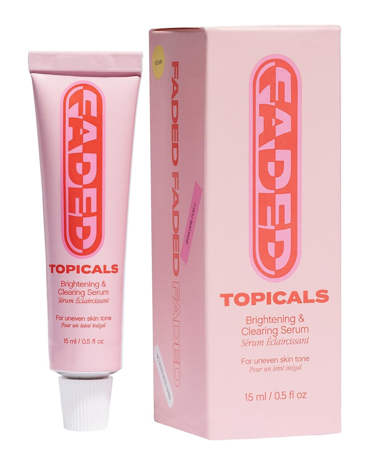 Topicals Faded serum bottle close-up for even skin tone support.