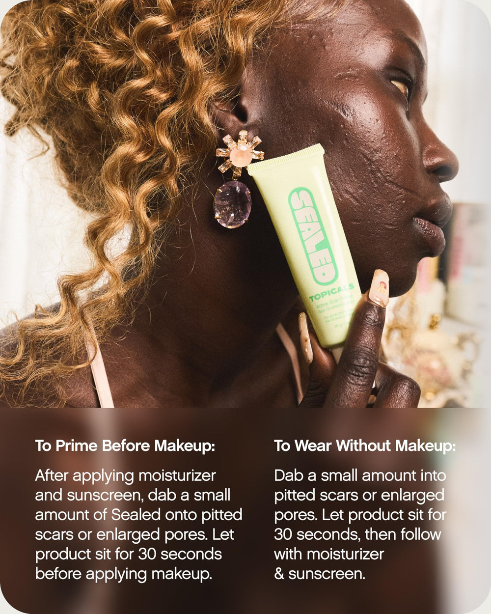 Topicals Sealed primer ingredients retinol and salicylic acid highlighted for acne-prone skin.