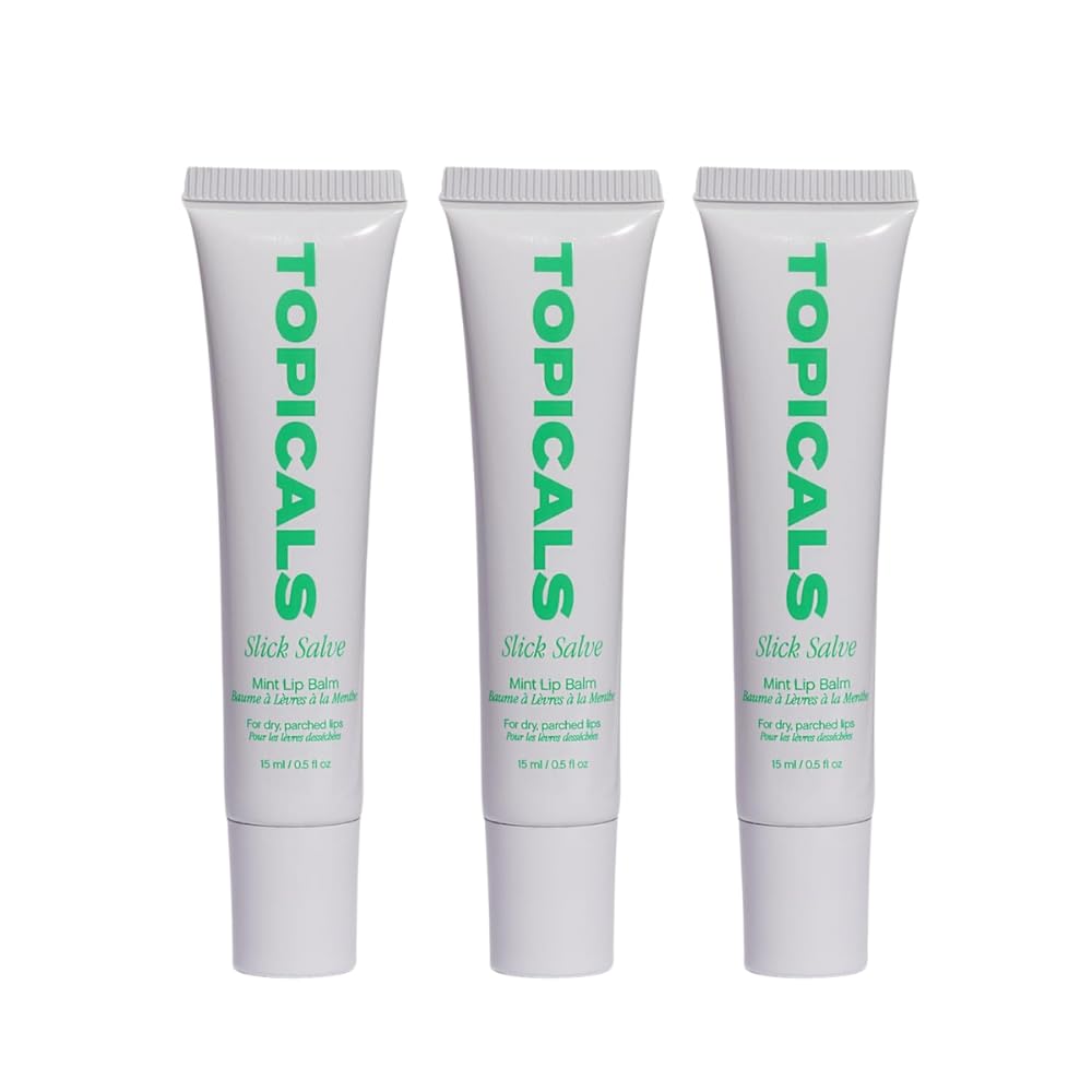Topicals Slick Salve Mint Glossy Lip Balm 3-pack provides lasting hydration and shine for soft lips.