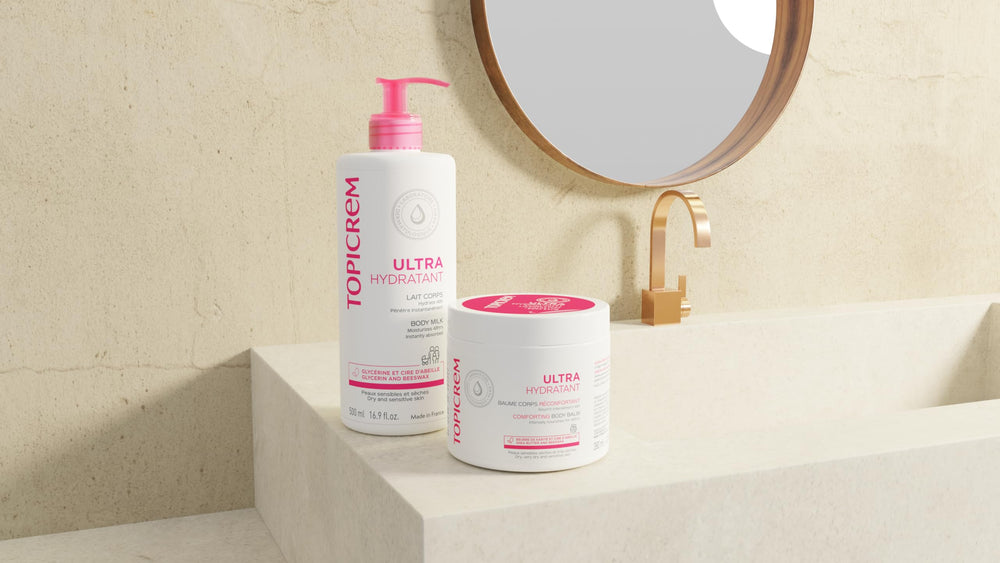 Topicrem after-shower routine image shows lasting hydration for all-day comfort