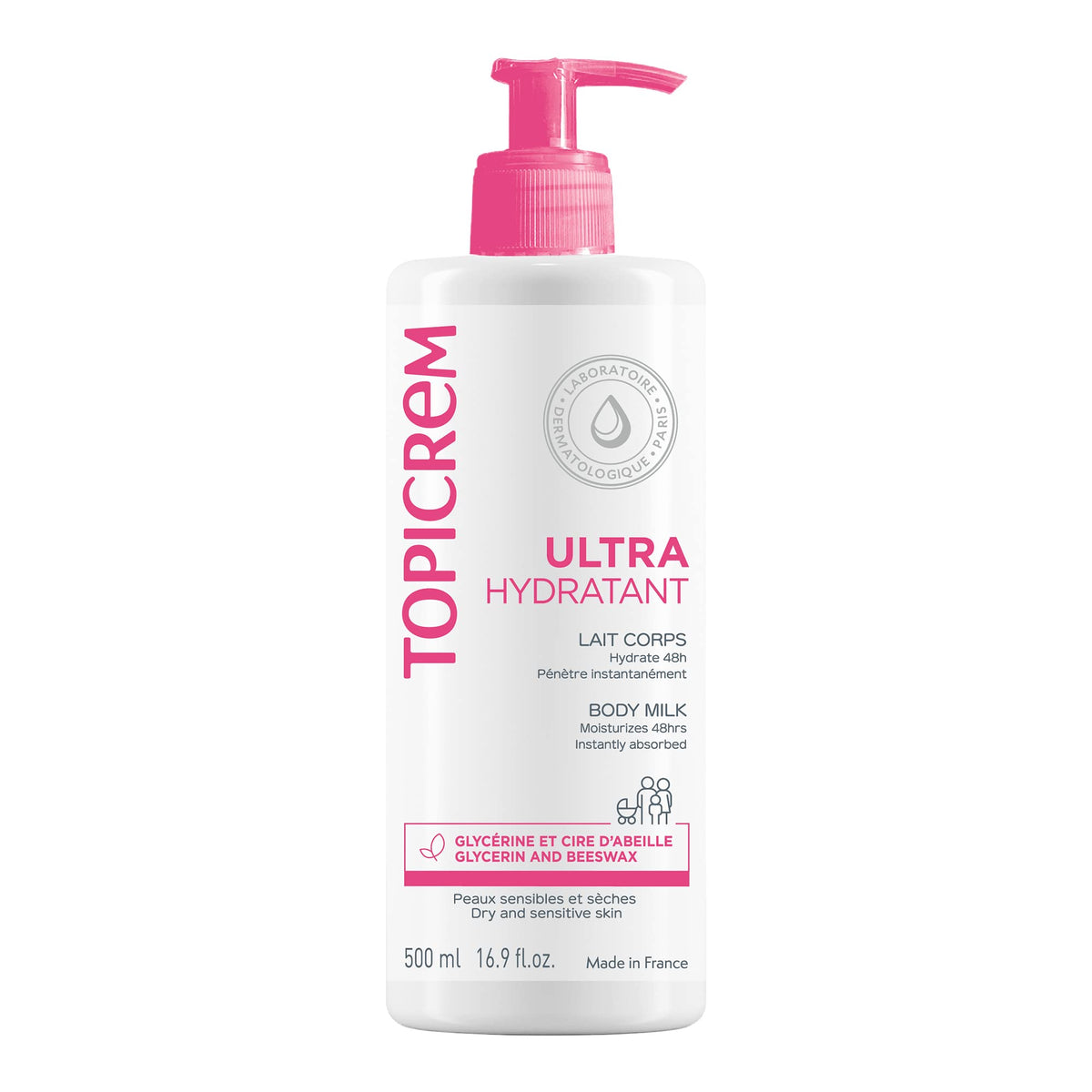Topicrem ultra-moisturising body milk 500ml bottle showcasing easy moisturization for daily use